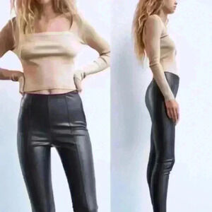 Zara Faux Leather‎ Leggings Ankle  Zippers Elastic Waist Size S Black